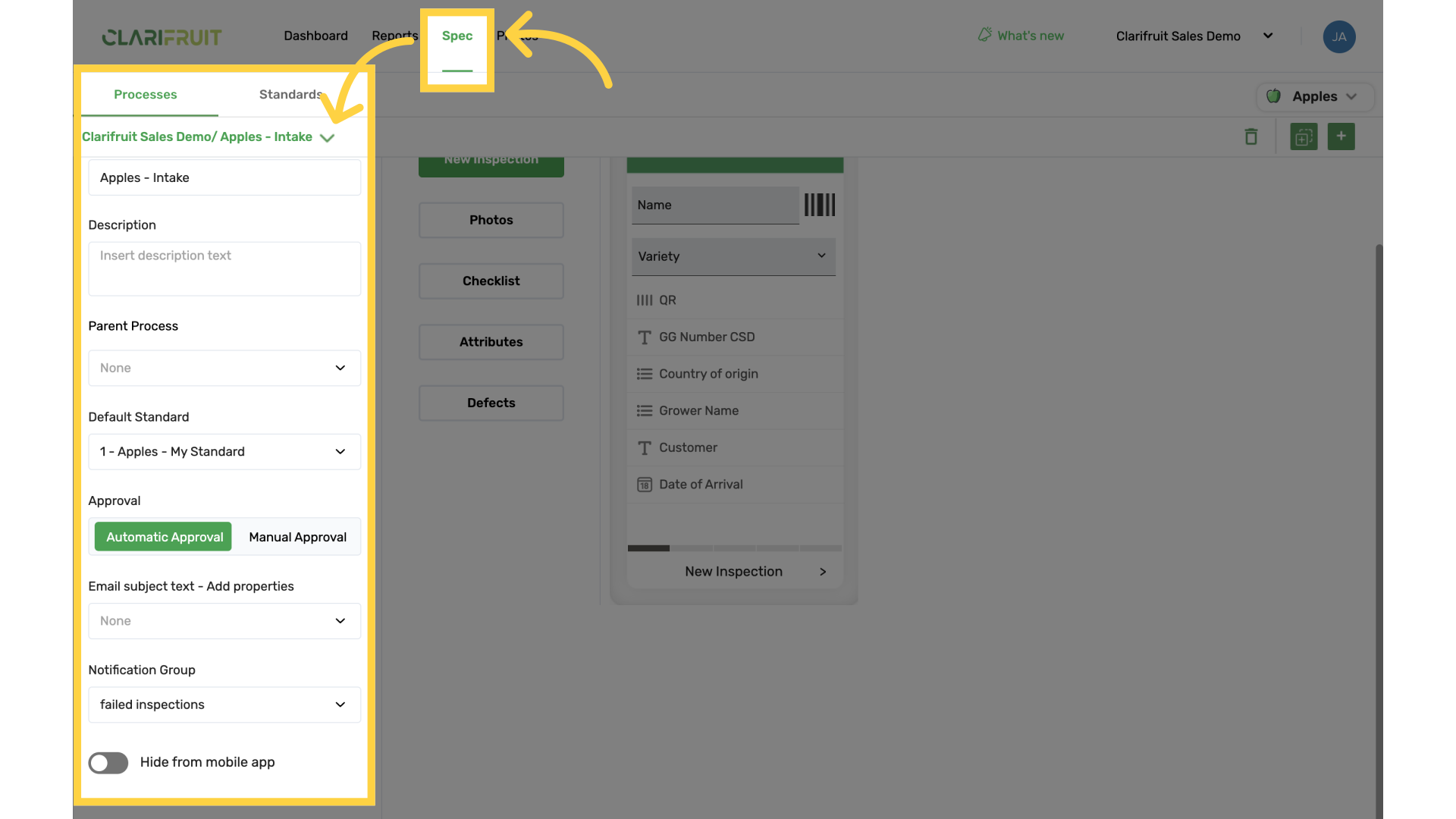 Go to the process specifications