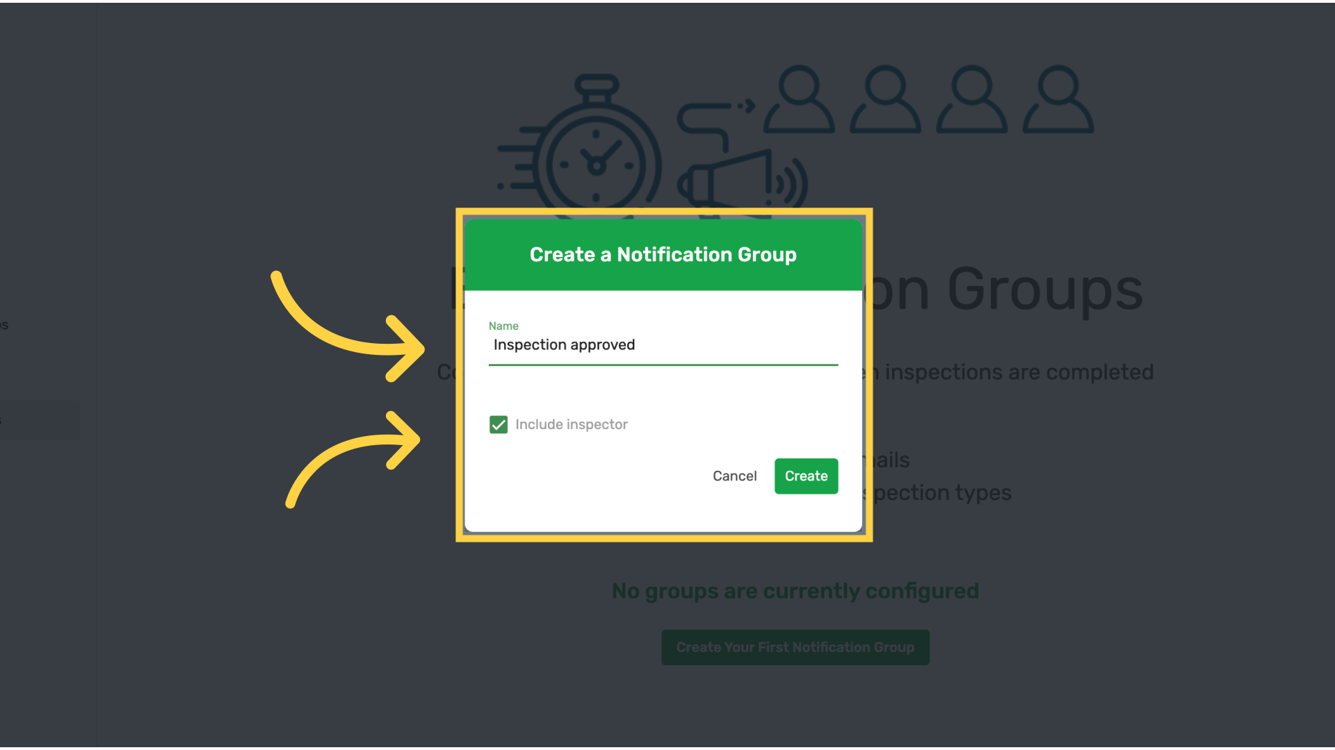 Select the notification group name and Click 'Create'