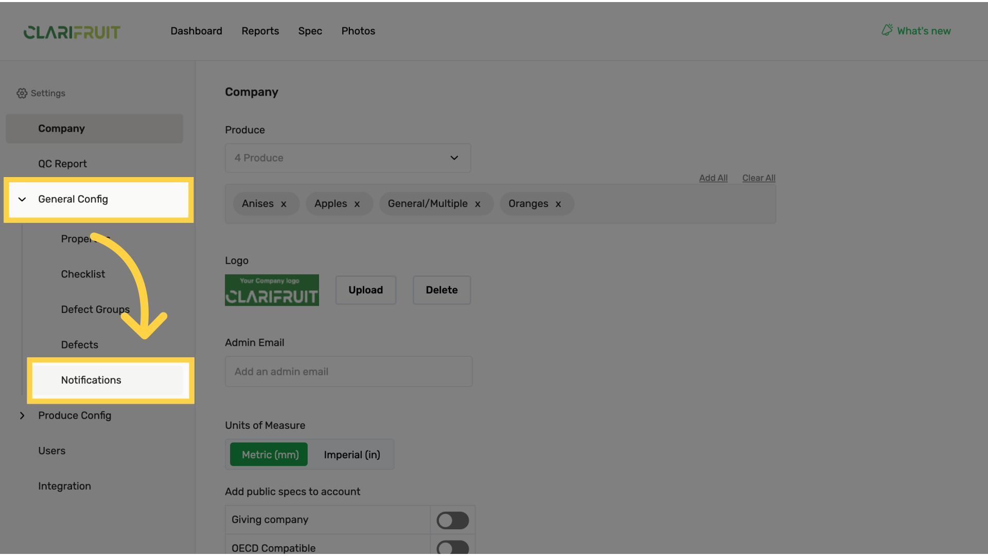Open 'General Config' and select 'Notifications'