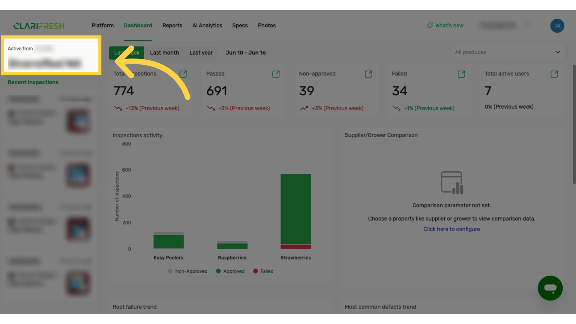 Account Name on the top left with Active from date