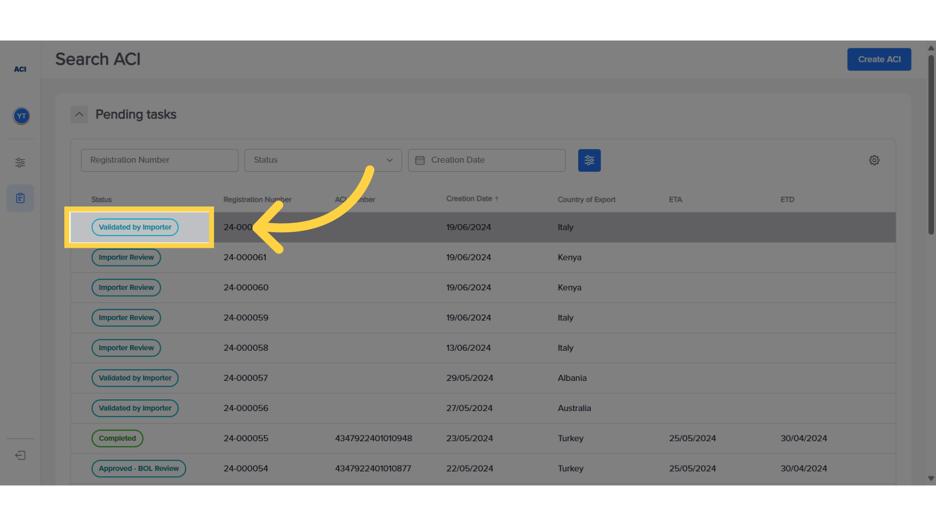 Select ACI to fill in