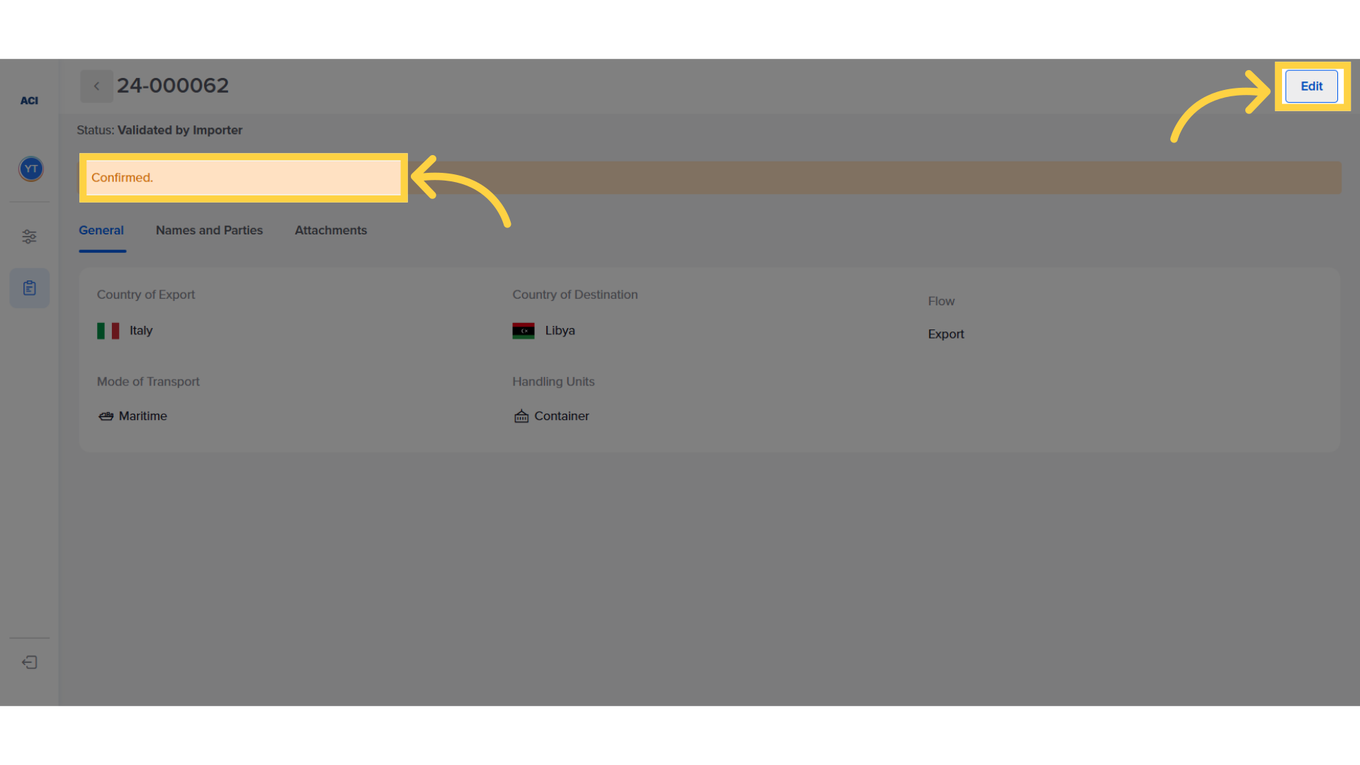 Check importer messages and click 'Edit' to fill ACI