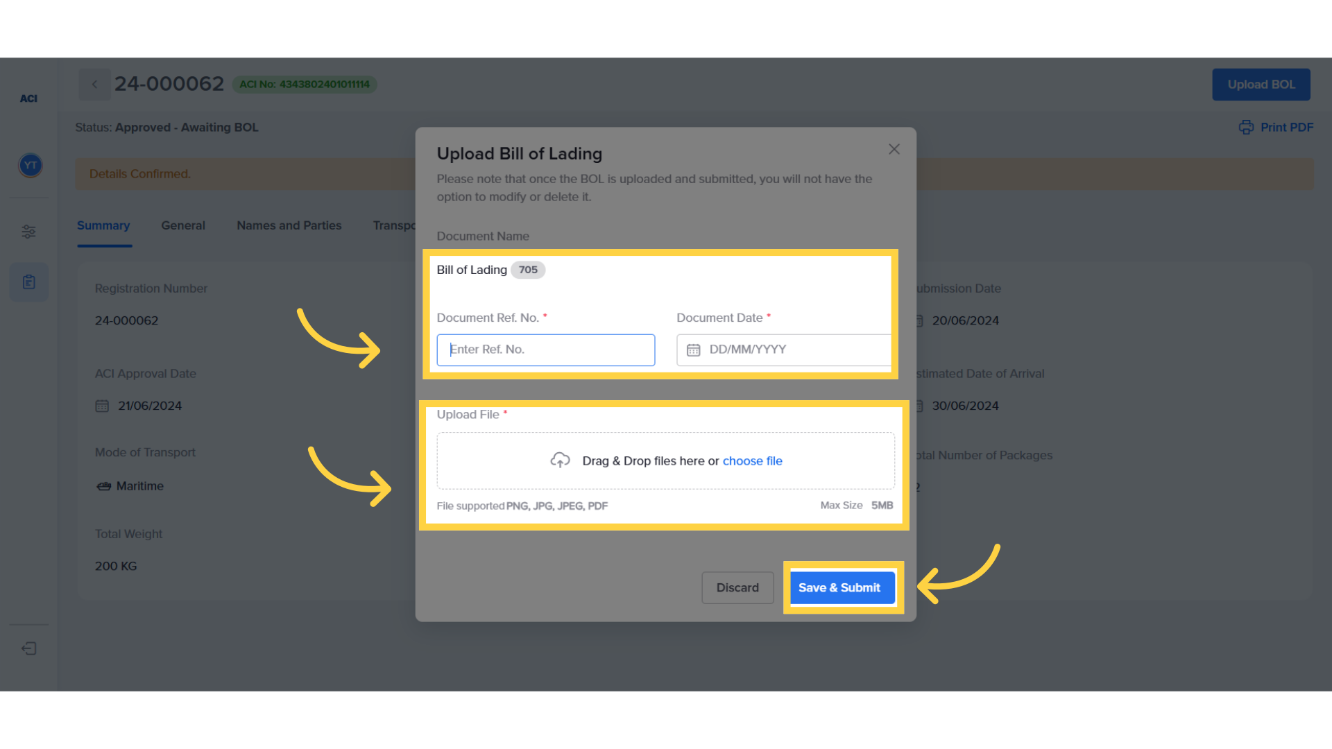 Add BOL details and submit