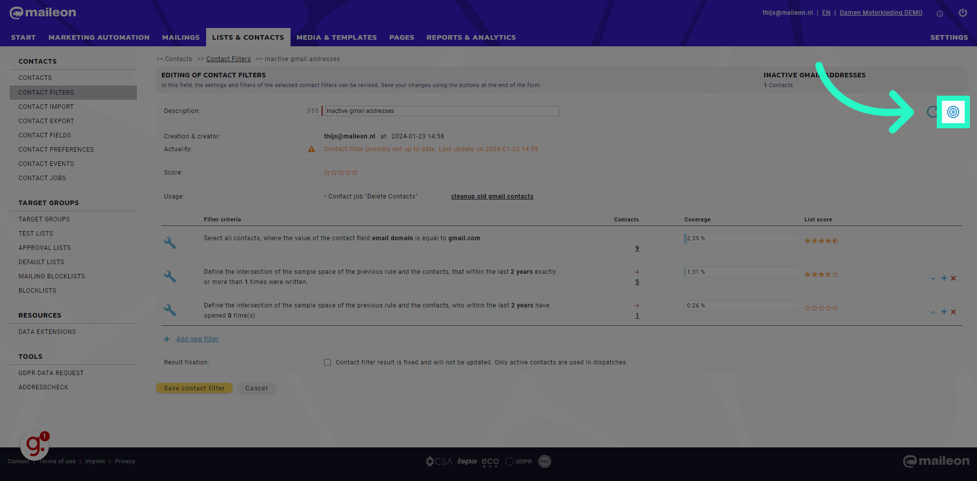 Click here to create a Target group based on this filter