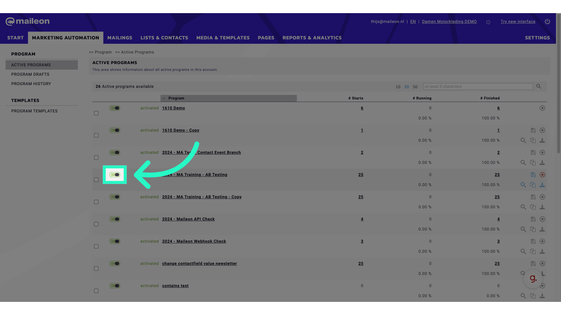 Toggle to pause the automation for new contacts