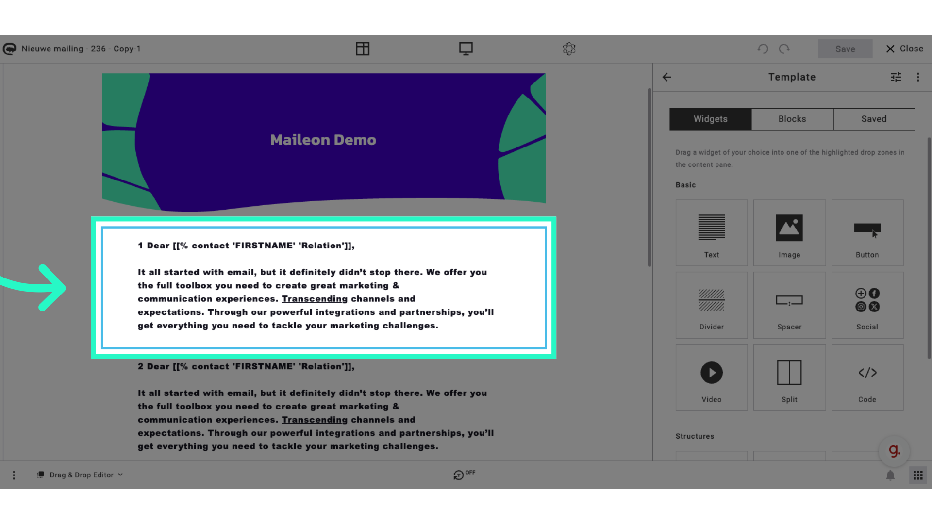 Select a text element in your mailing