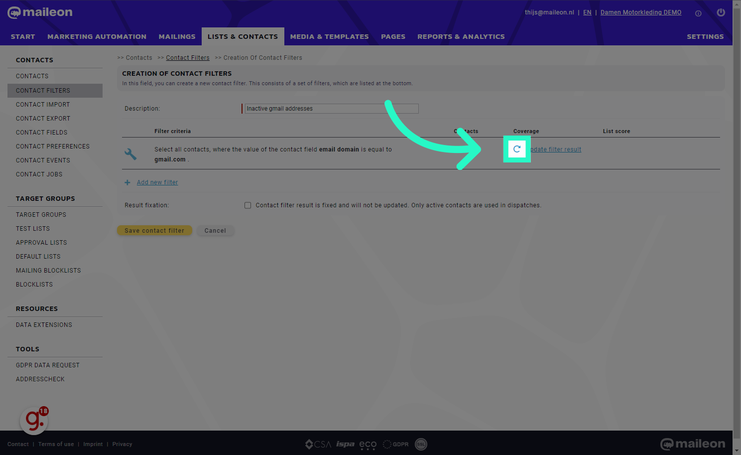 Calculate contactfiler result