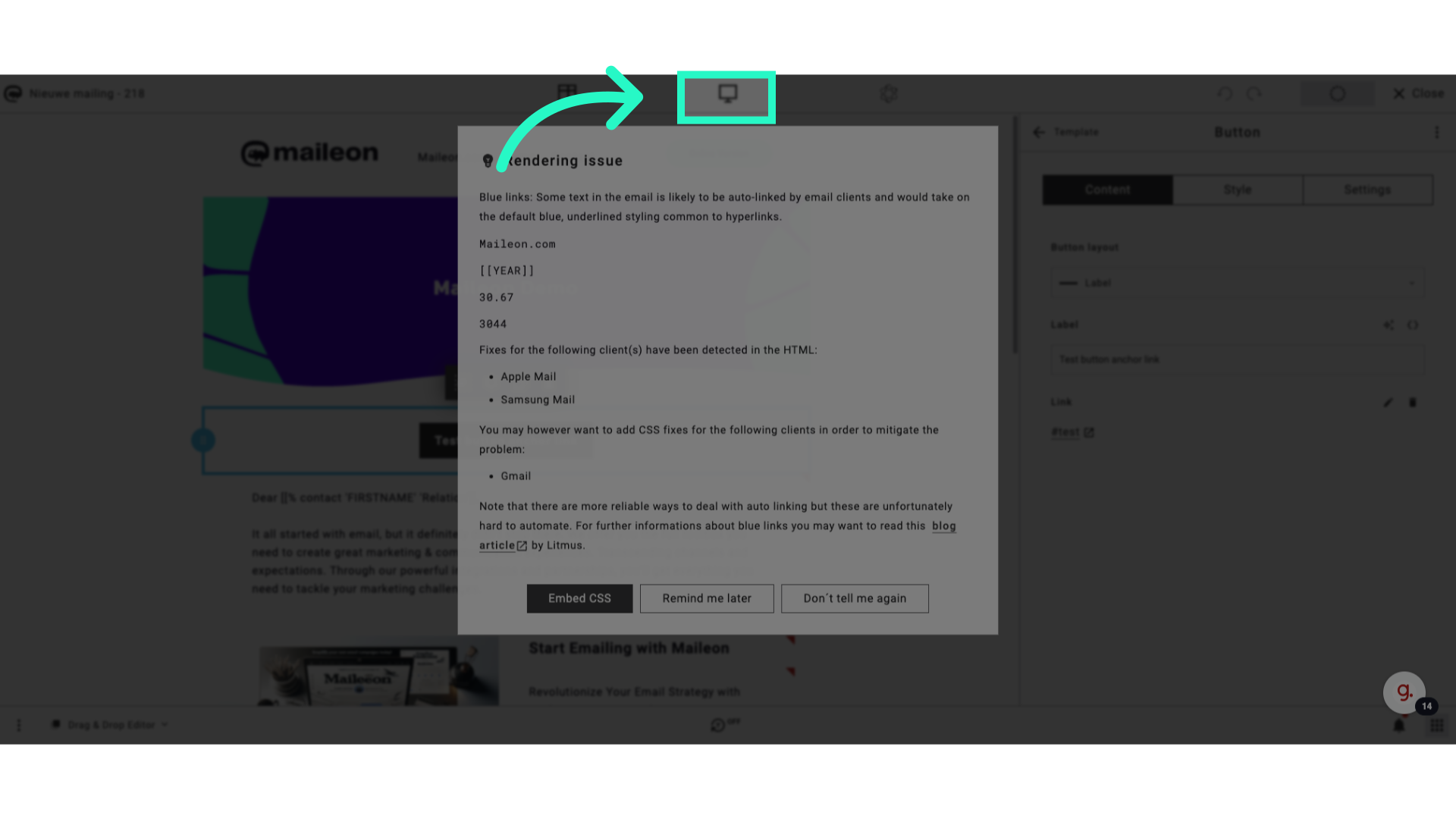 Click 'Rendering issueBlue links: Some text in the email is likely to be auto-linked by email clients and would take on the default blue, underlined styling common to...'