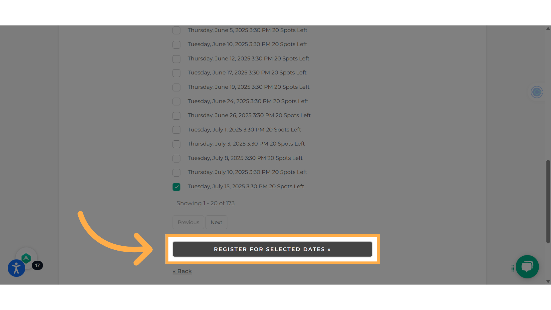 Click 'Register for selected dates'