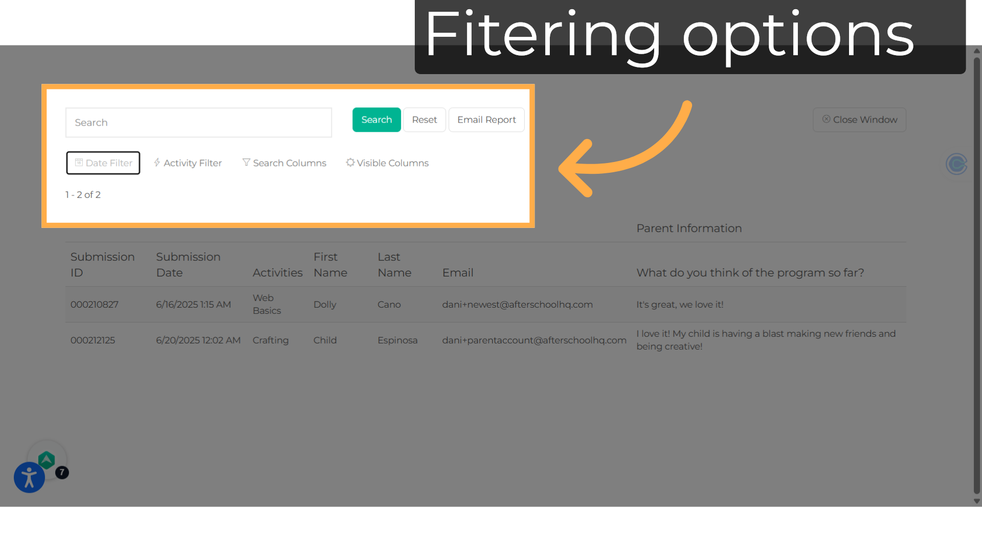 Filtering options