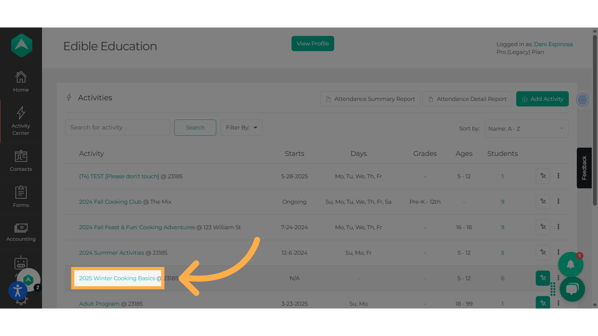 Click on the 
activity name