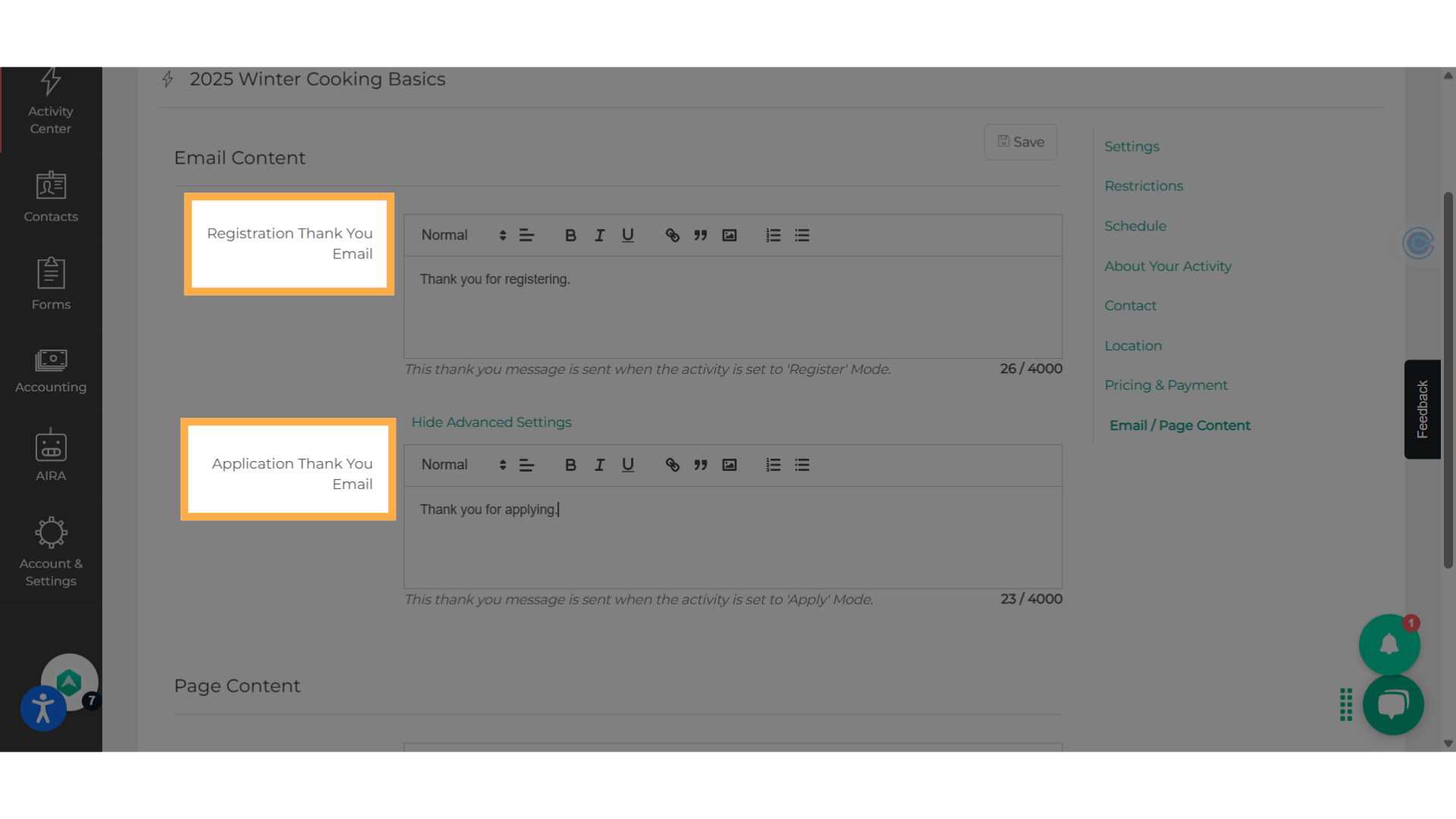 Select from the 2 email options