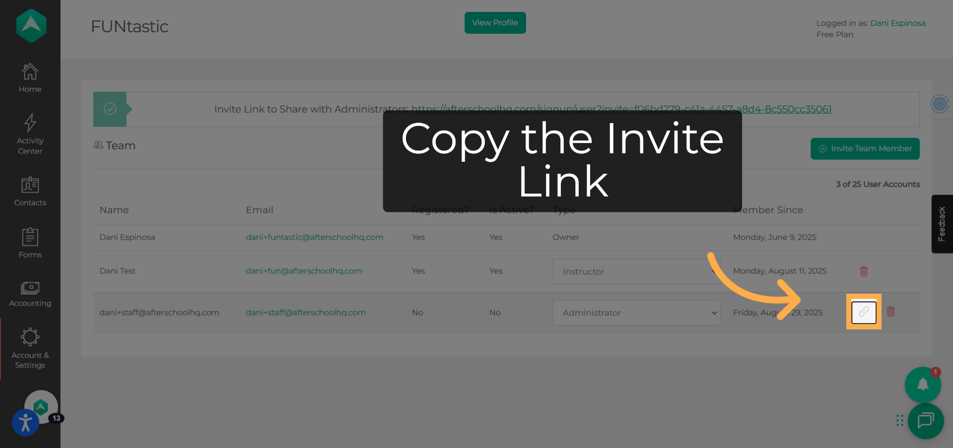Copy the Invite Link