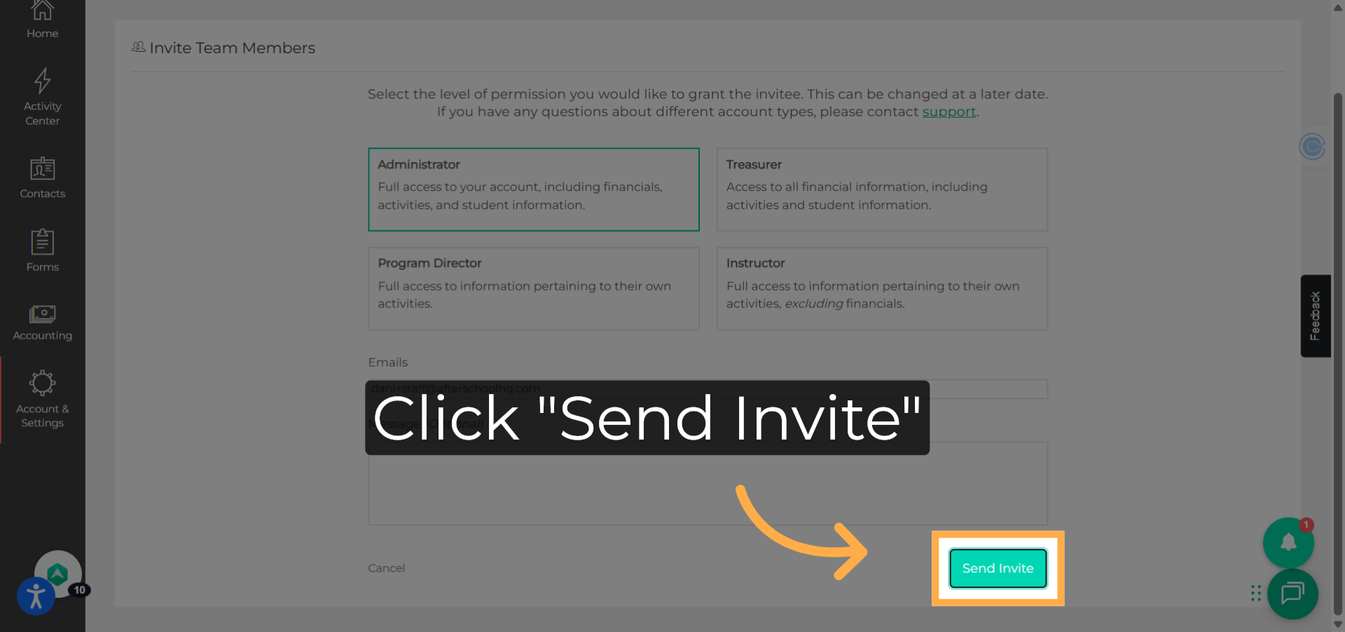 Click 'Send Invite'