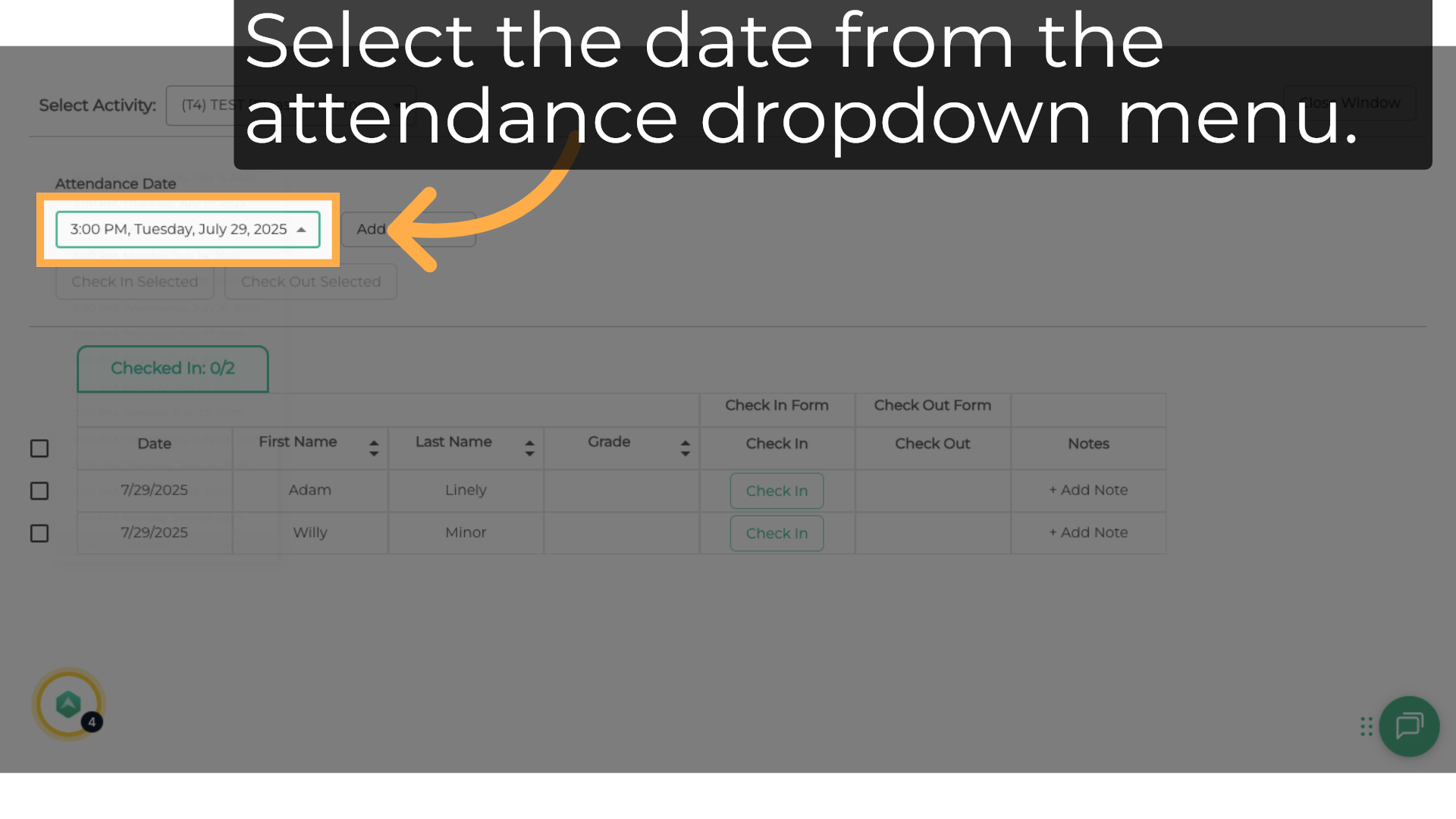 Click on the attendance date dropdown menu to select the date.