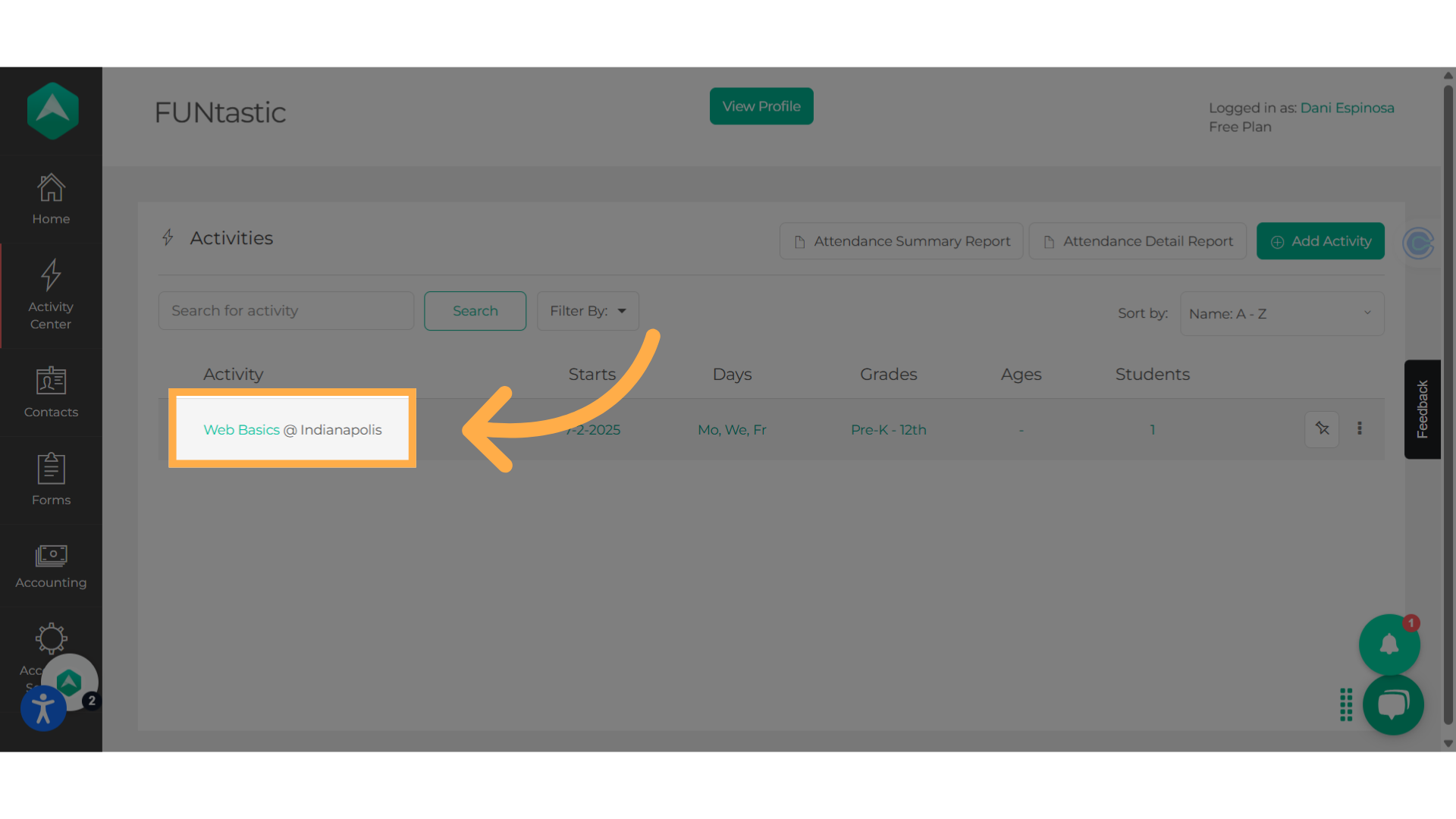 Click on the activity name