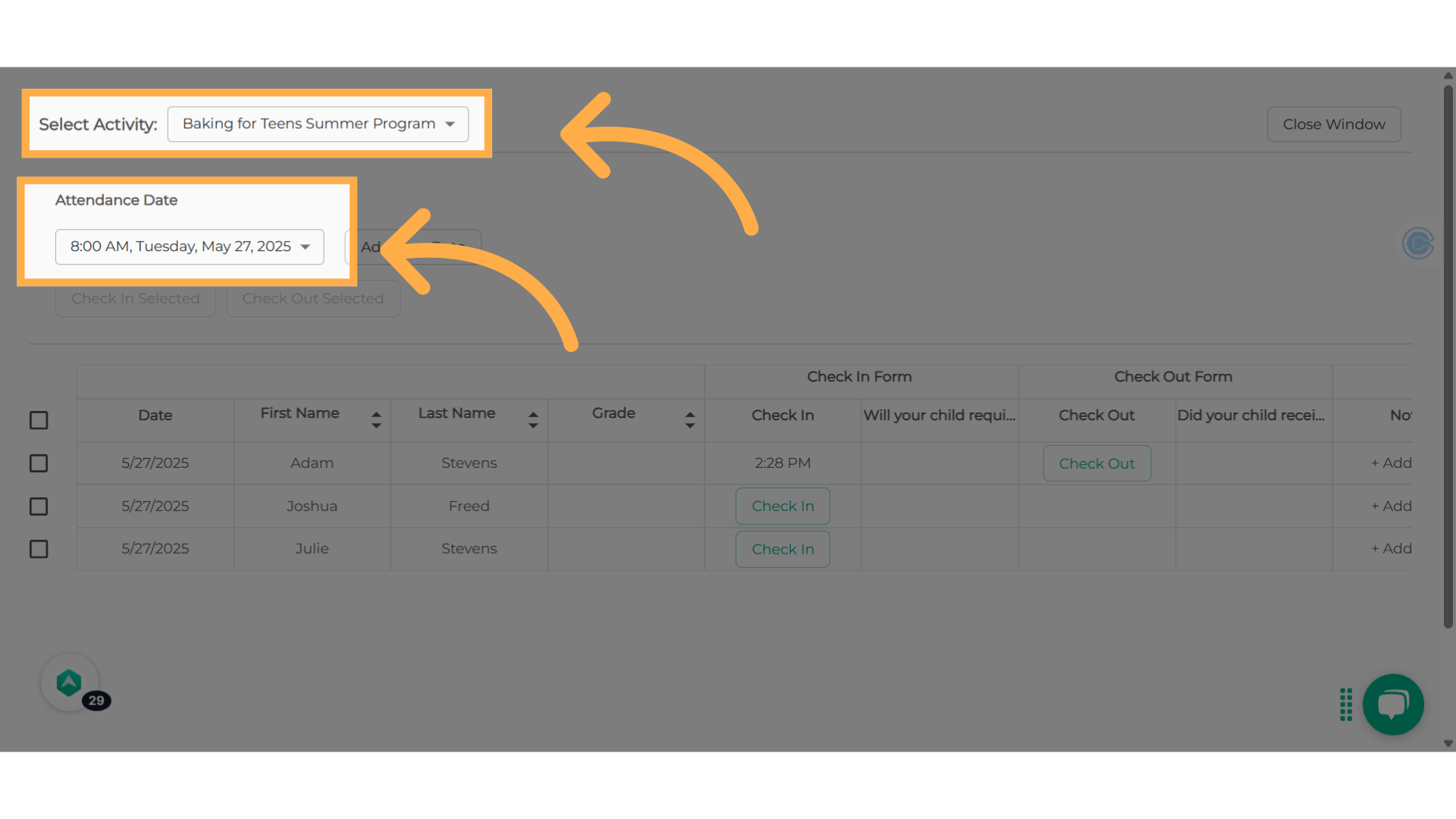 Select your activity 
and date