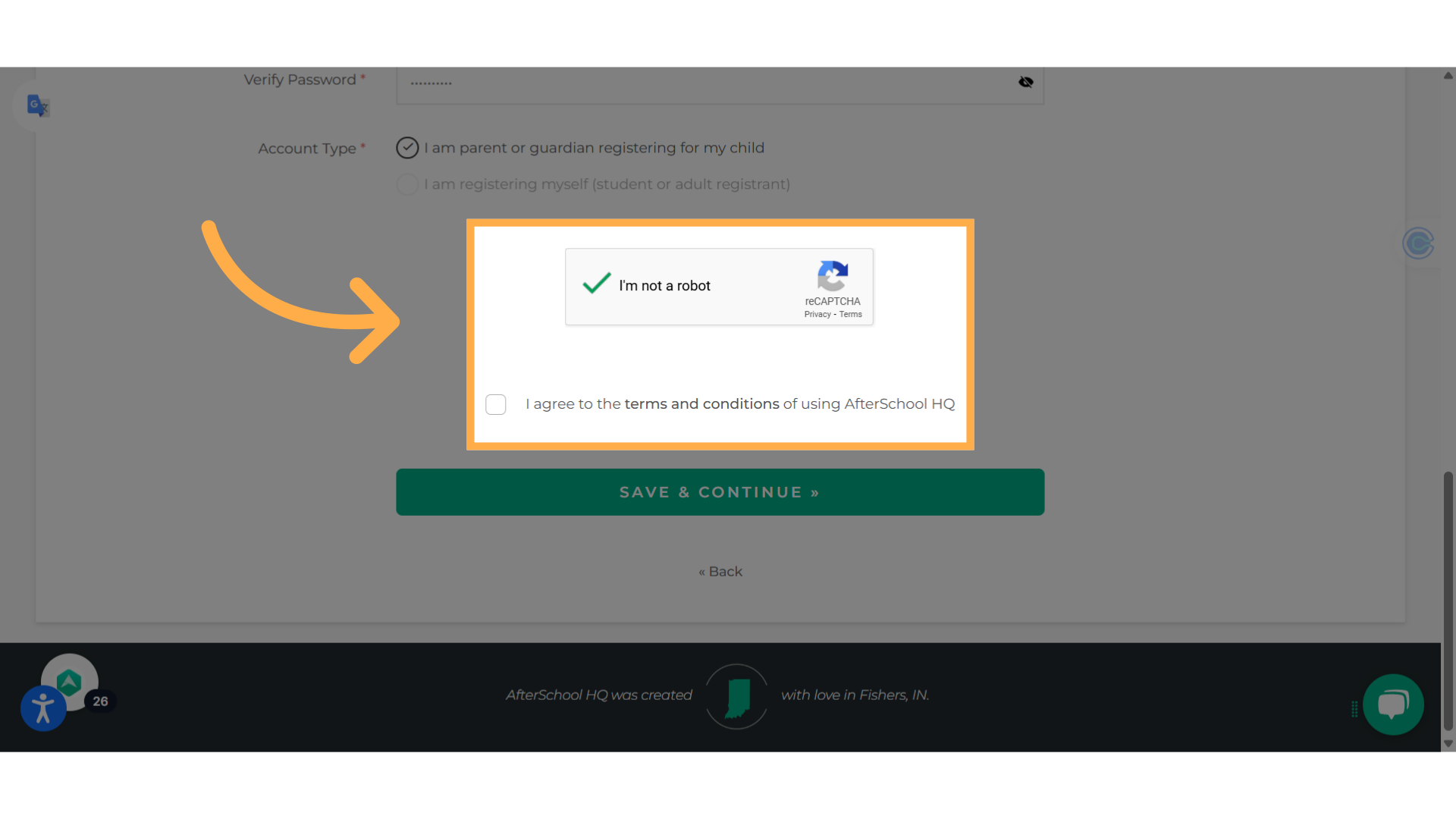 Check that you're not a robot and agree to the terms and conditions