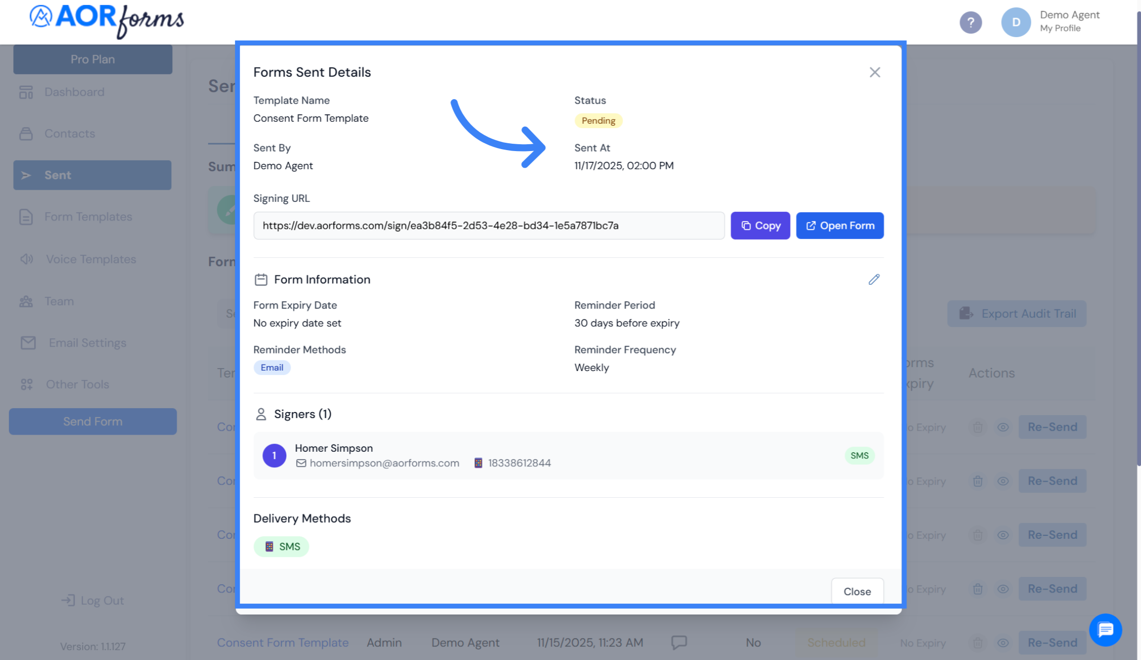 Form Sent Details shows scheduled time