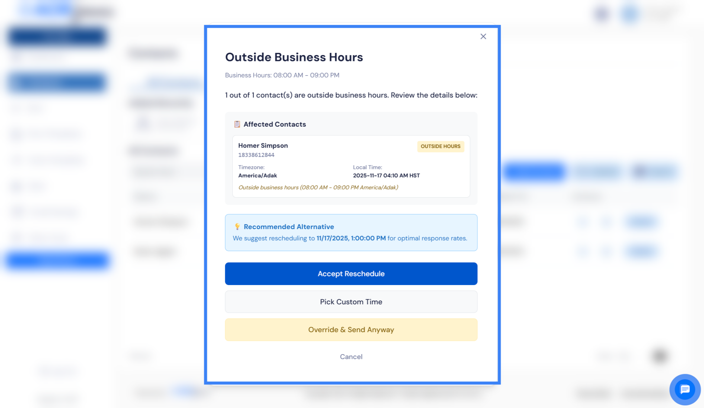 Outside Business Hours Prompt