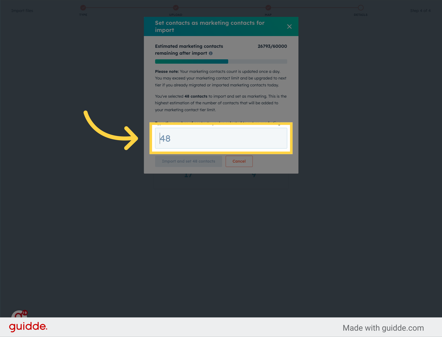 Click into 'Type the number of contacts you've selected to set as marketing.'