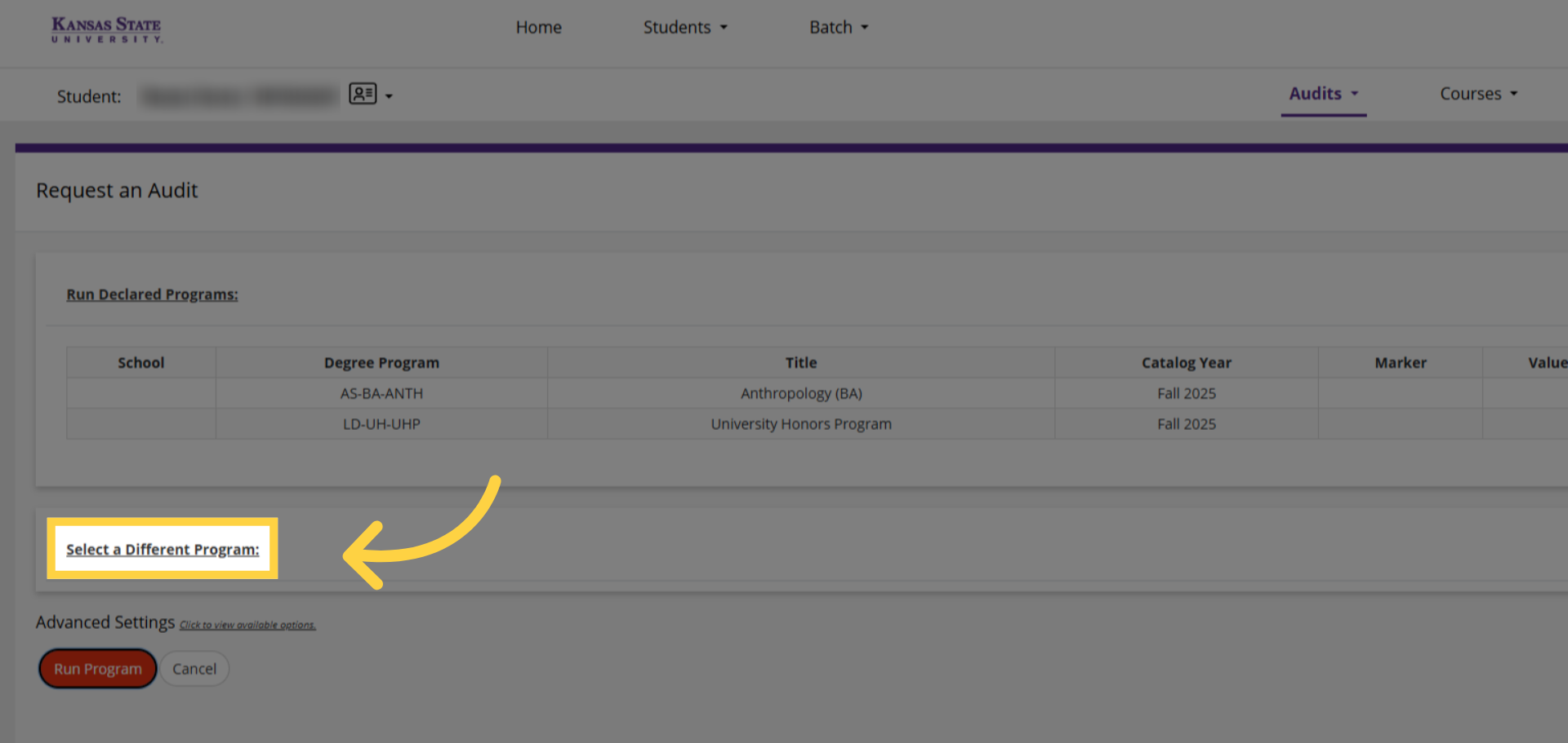 Select a Different Program (option)