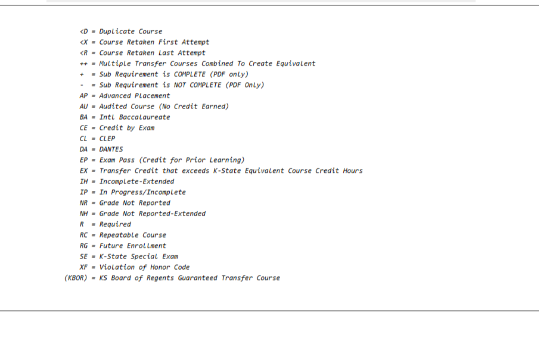 View Course Status Legend