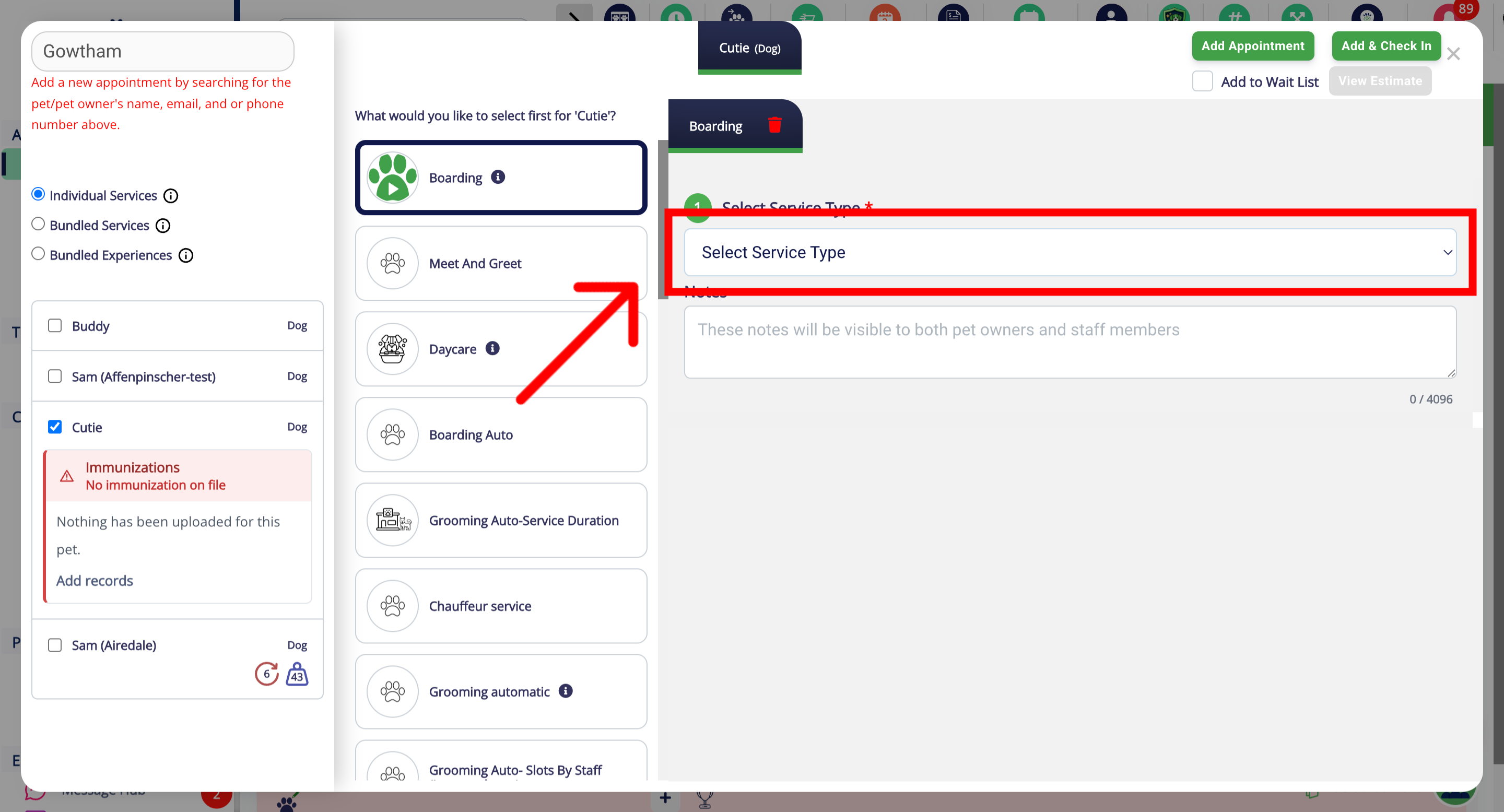 Select Specific Service Type