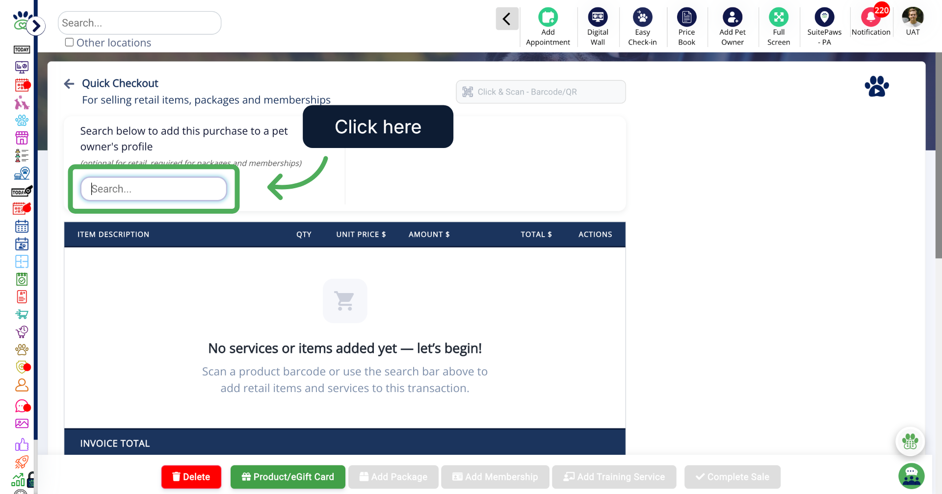 Quick Checkout > Search for Client