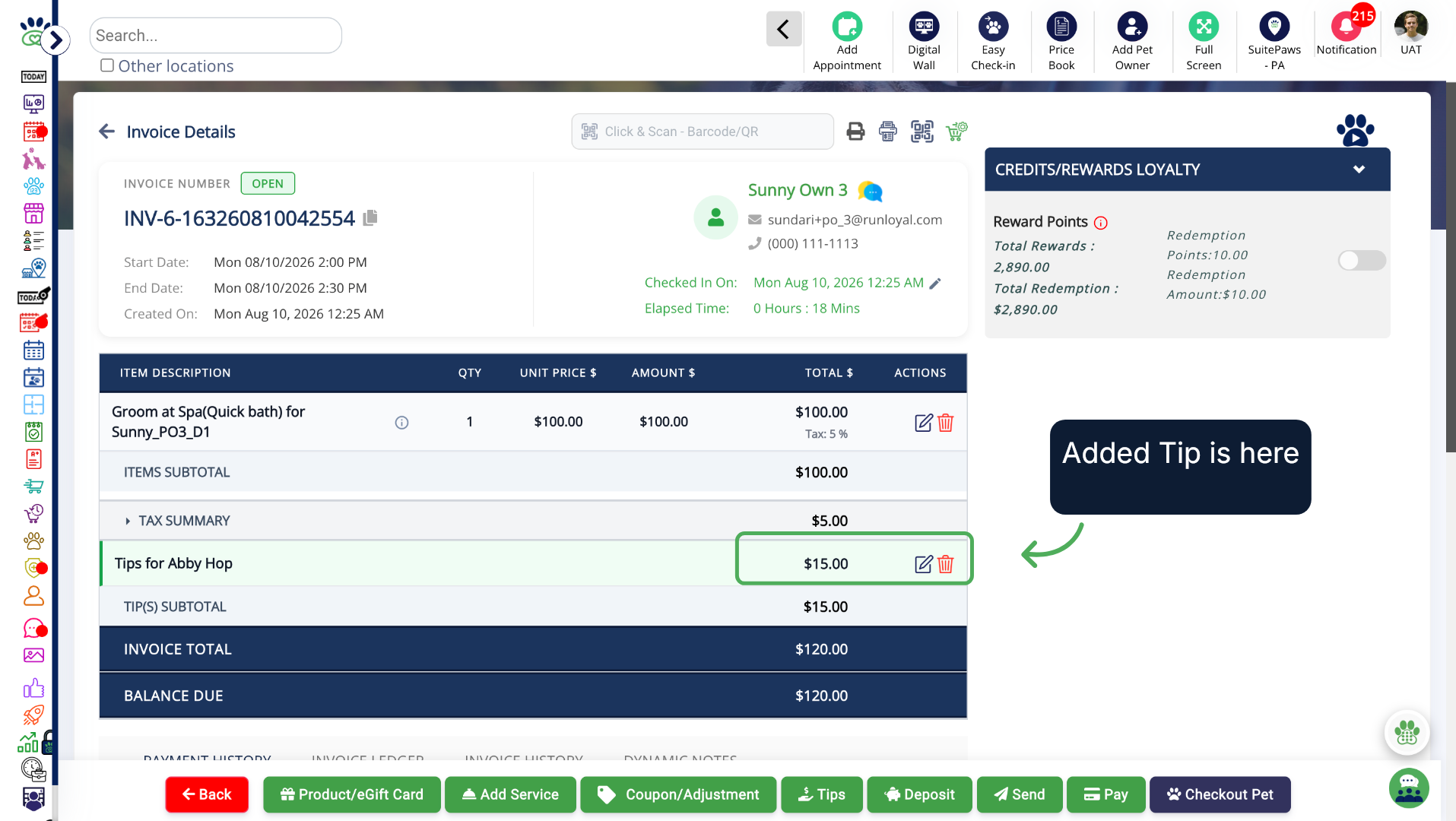 Invoice with Tip added for the Staff