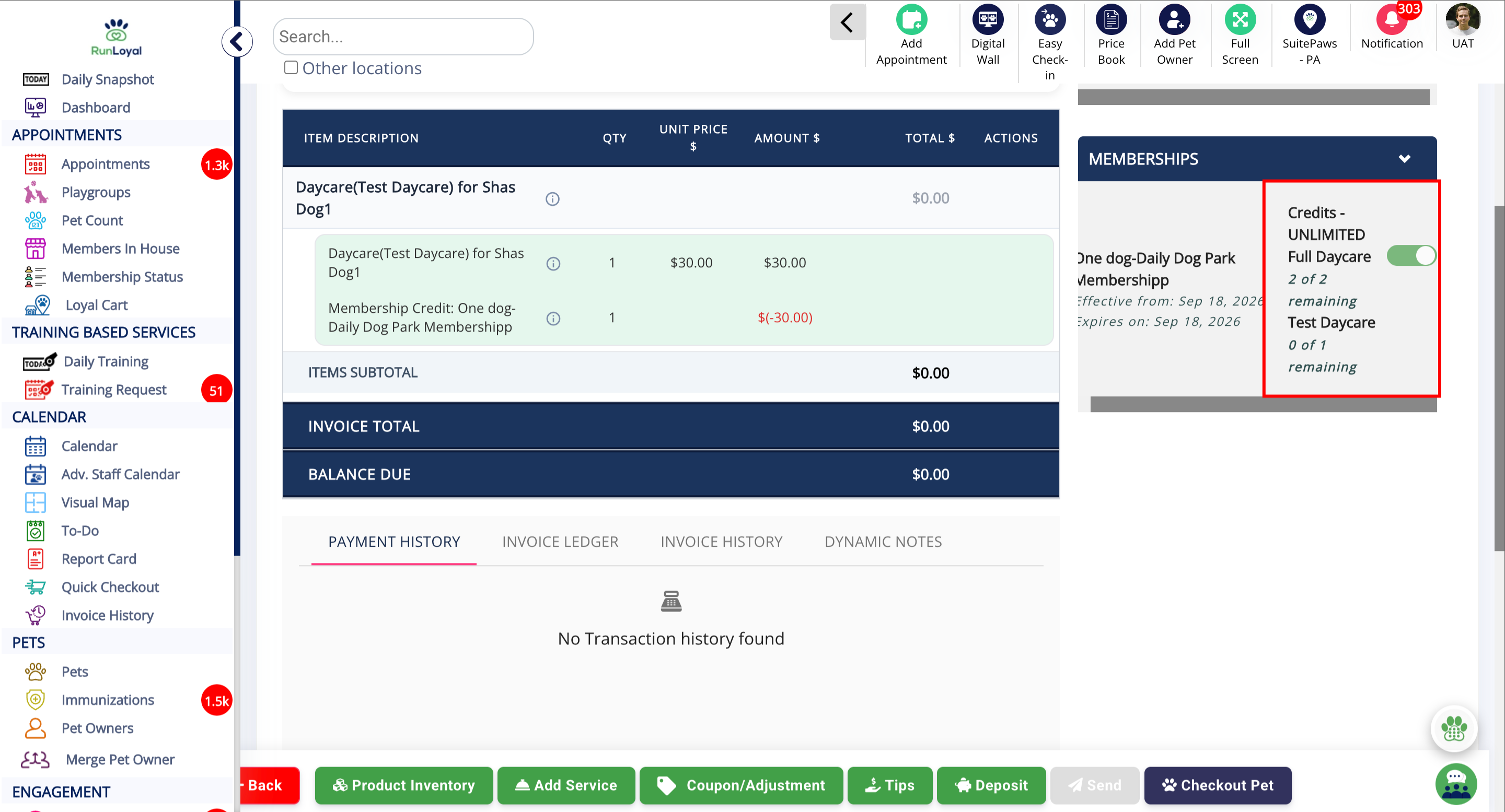 Memberships Credits Section