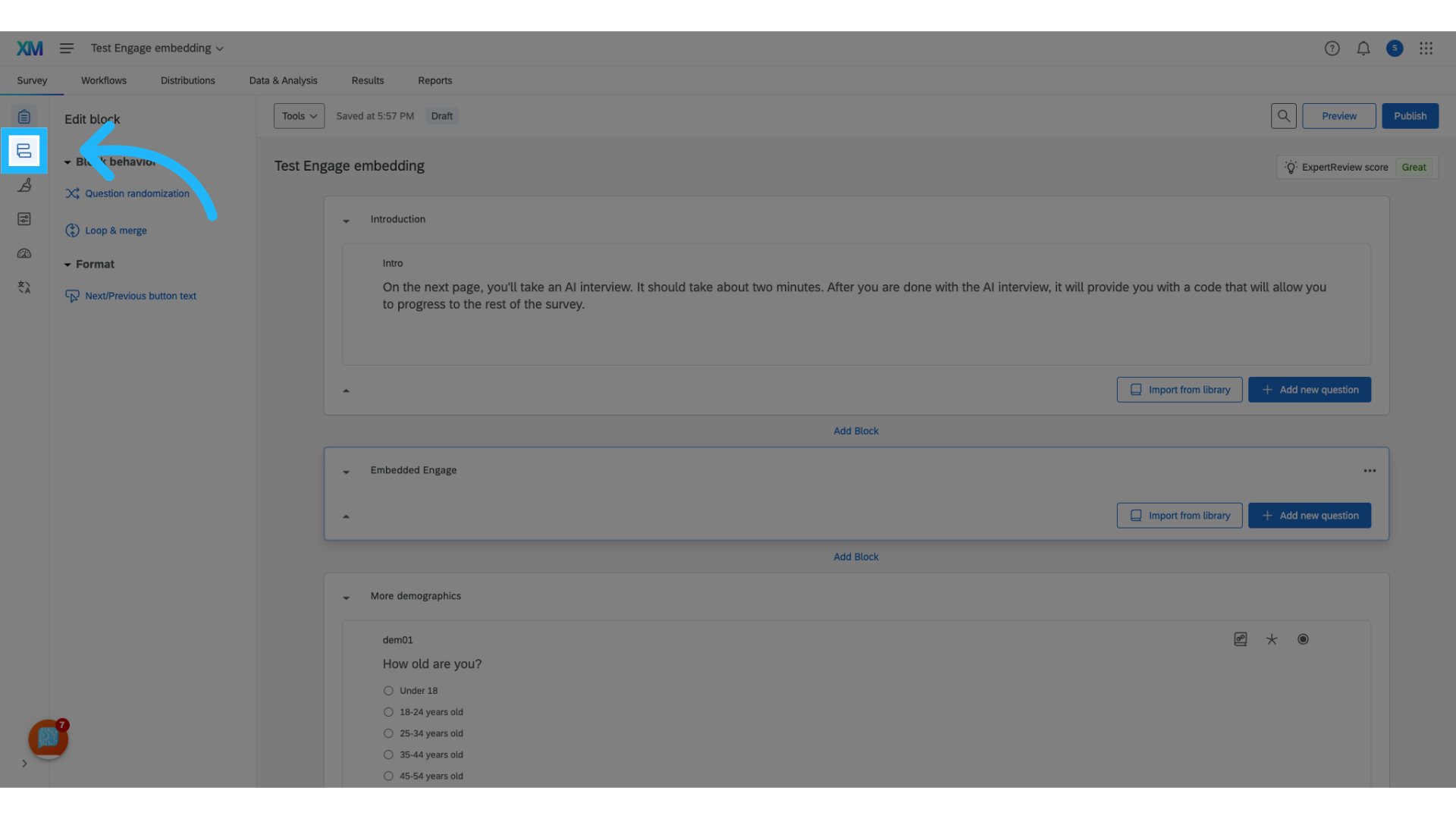Navigate to the Survey Flow tab
