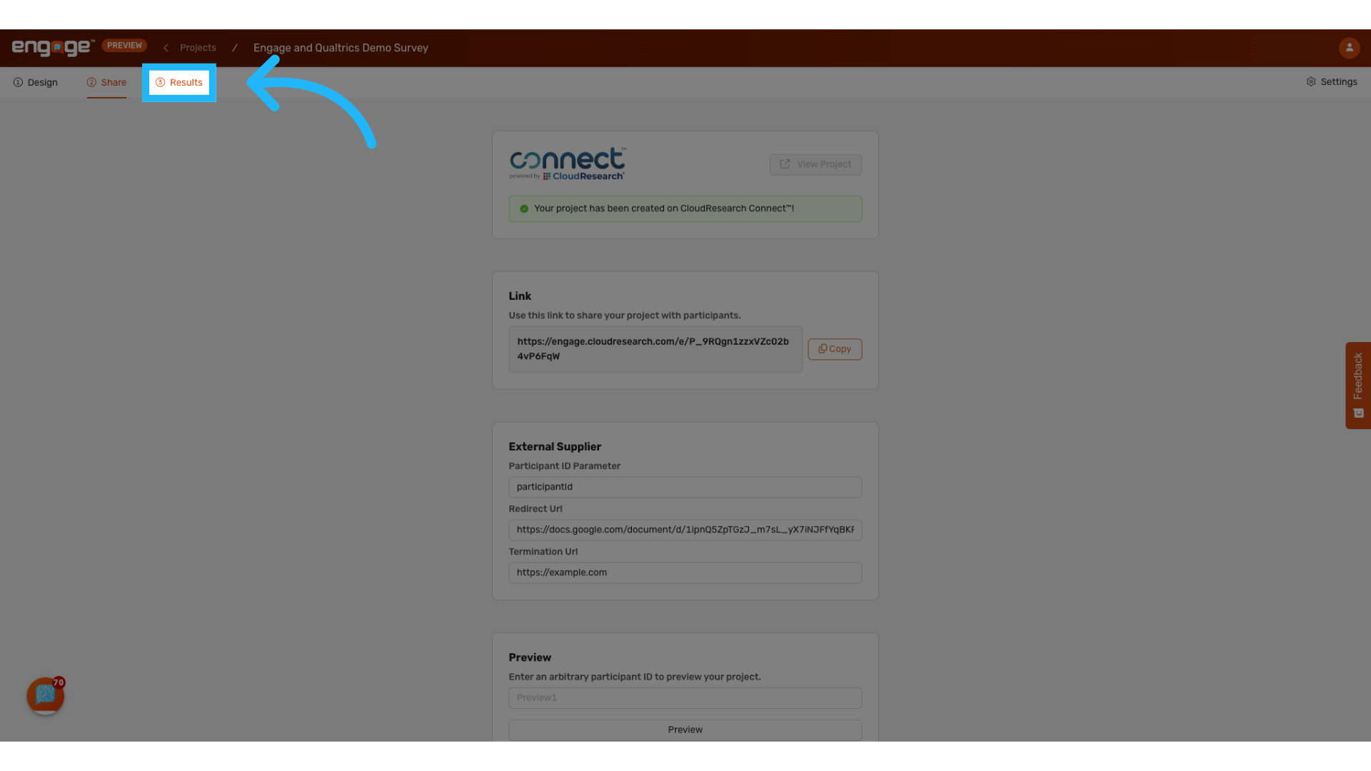 Click 'Results' tab on Engage