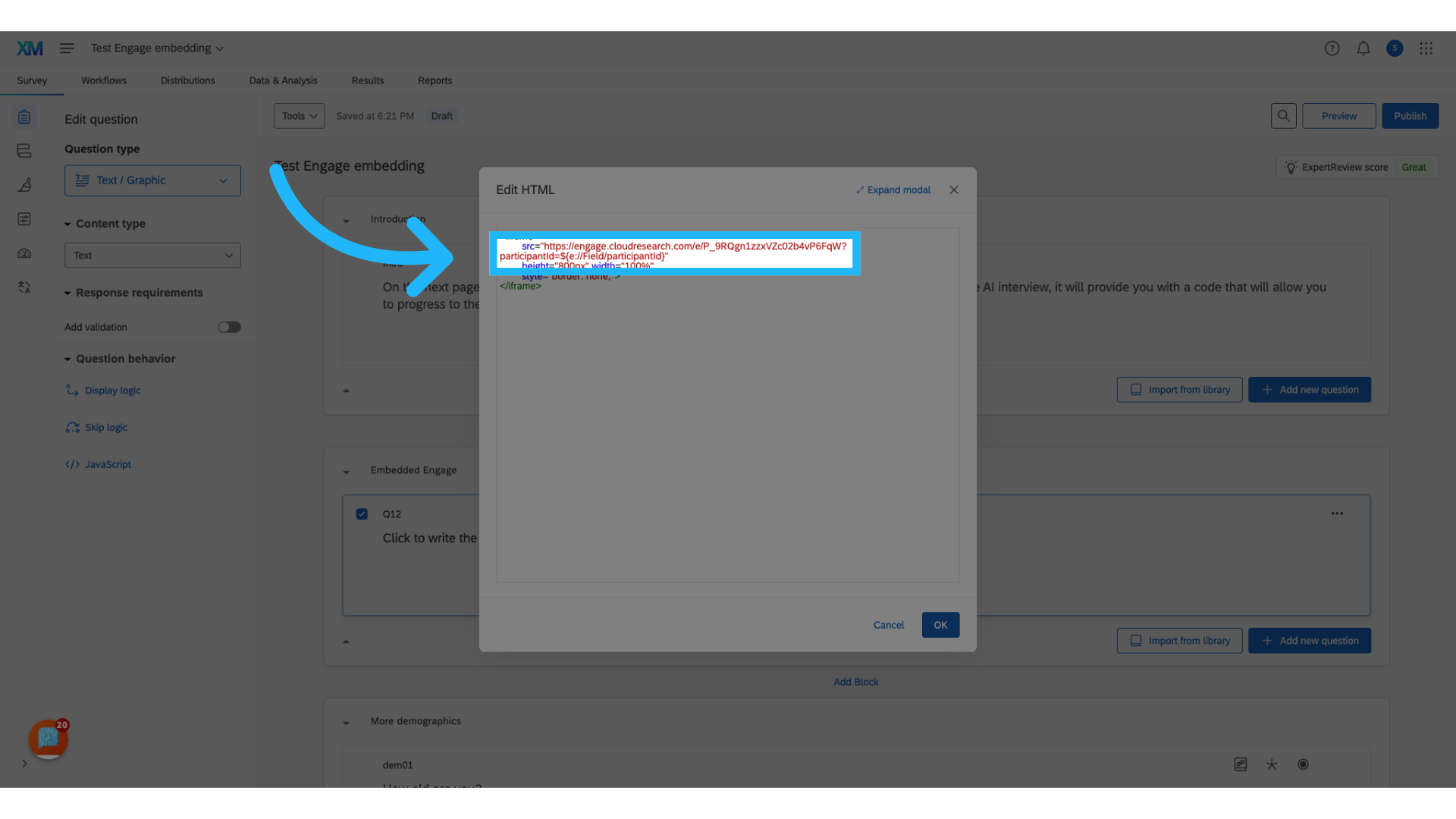 In your Qualtrics survey, replace the link placeholder with your project link