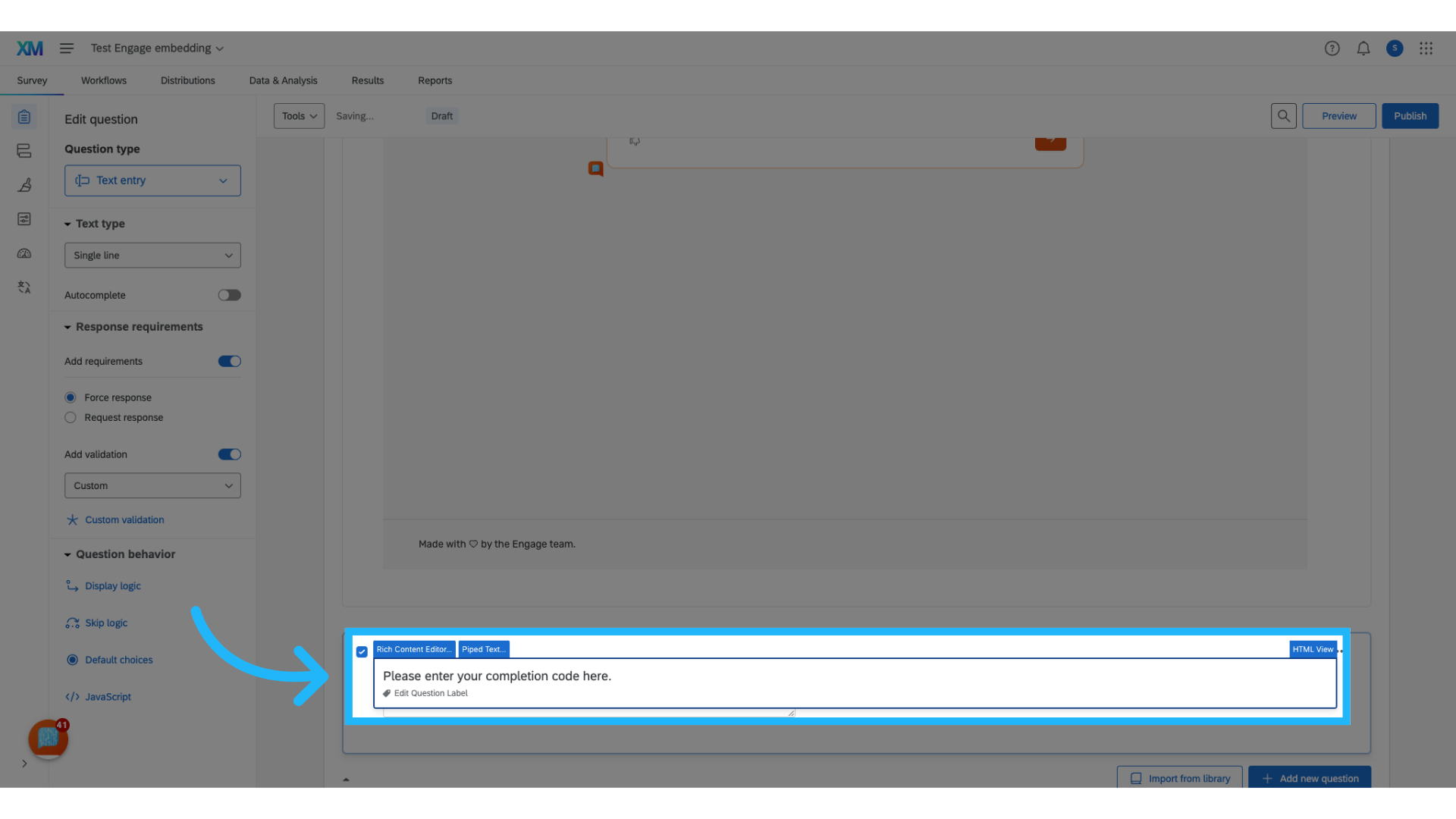 Add the question text for the completion code