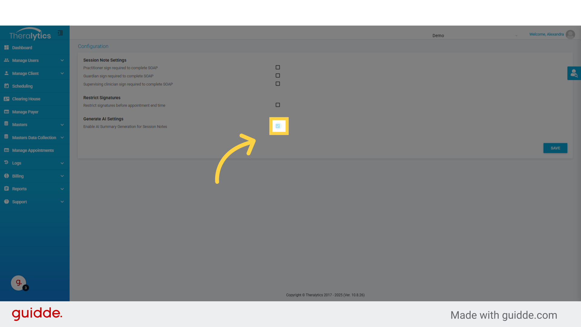 Check  'Enable AI Summary Generation for Session Notes'