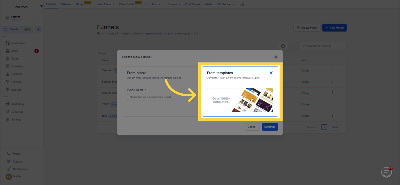 Choose from template funnel