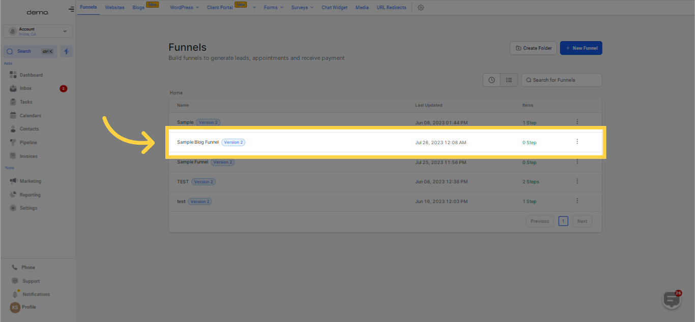 Select created funnel from the list