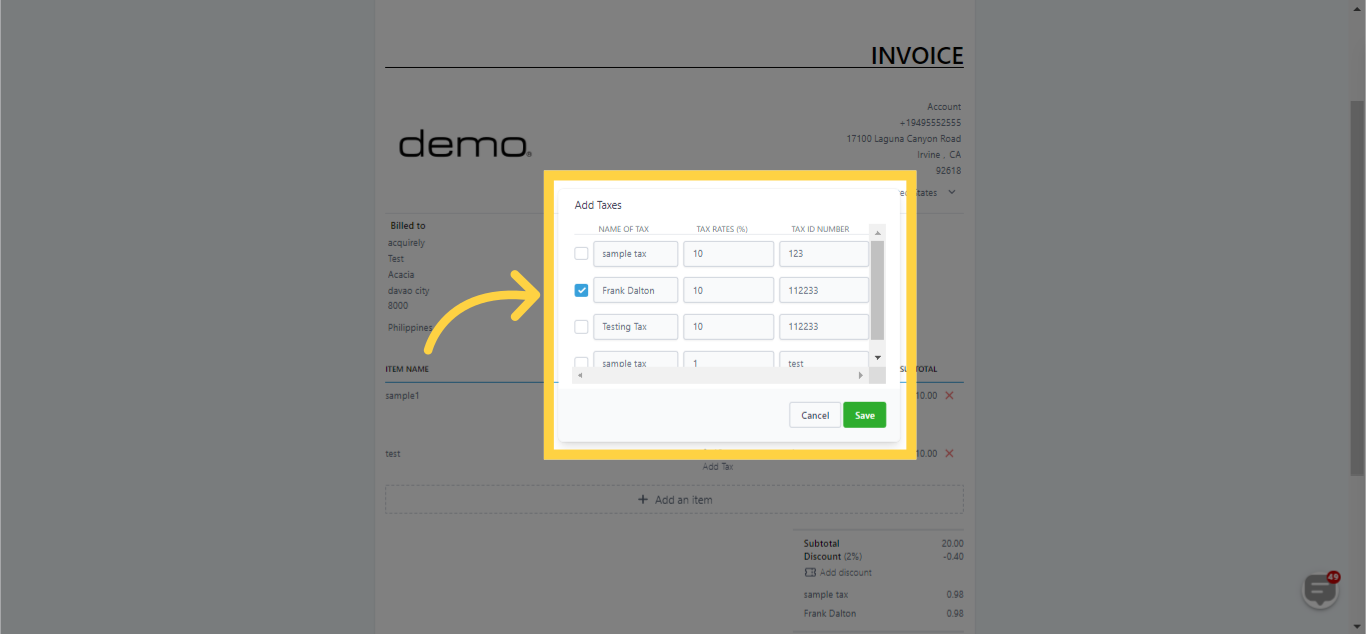 Select tax by checking the box and click Save