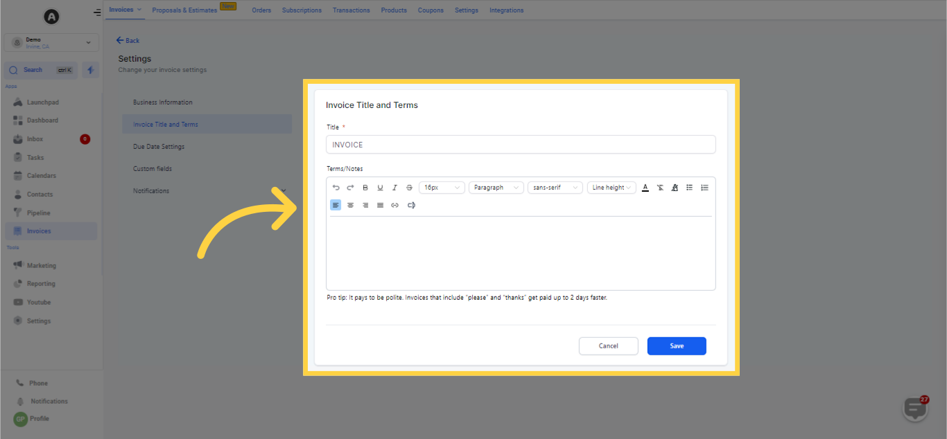 Invoice Title and Terms