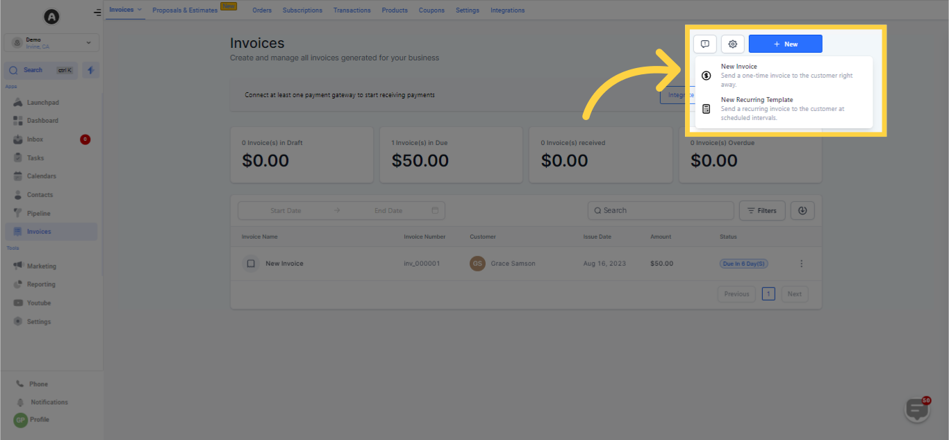 Click +New Button to Create New Invoice