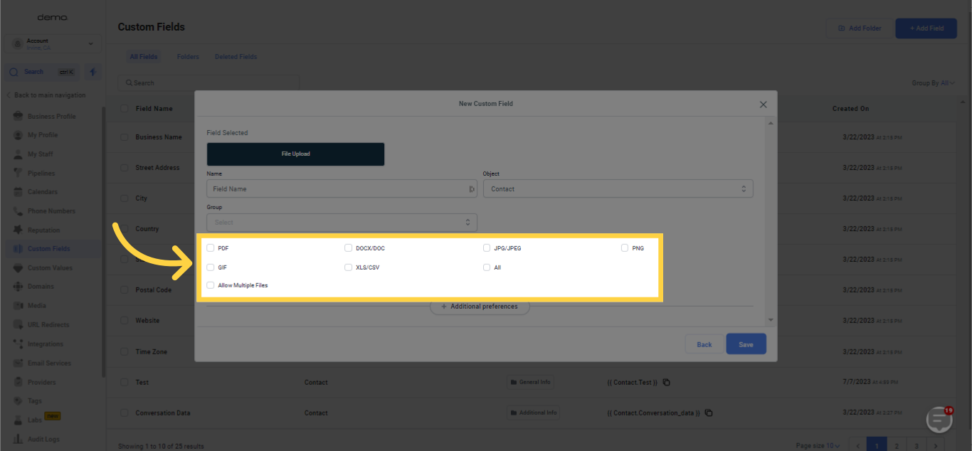 Tick box/es of file format you want to allow