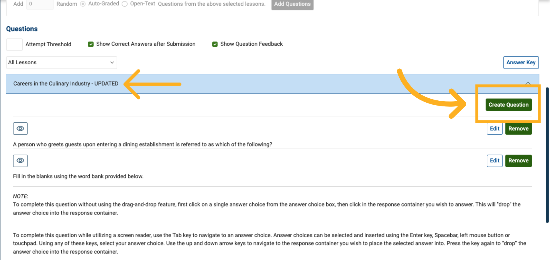 Select a Lesson for the Custom Question