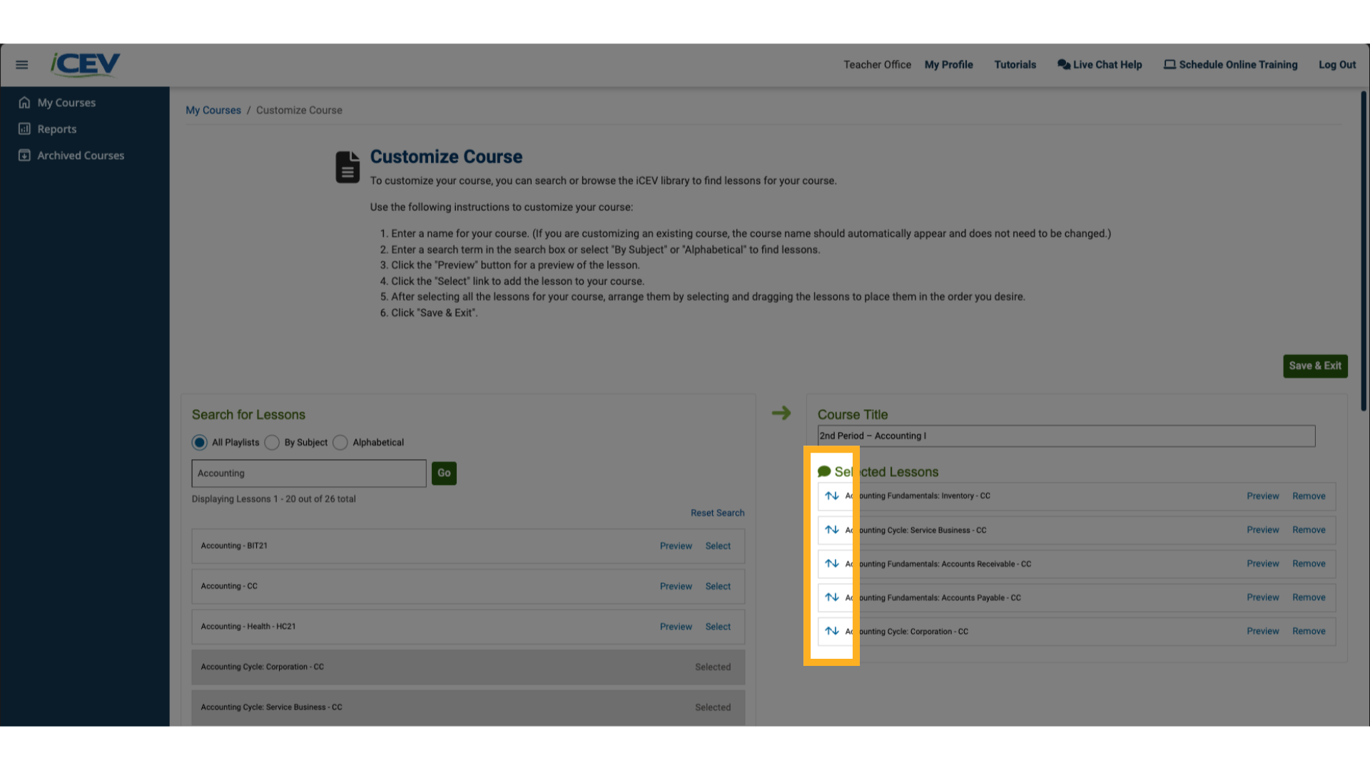Reordering Lessons