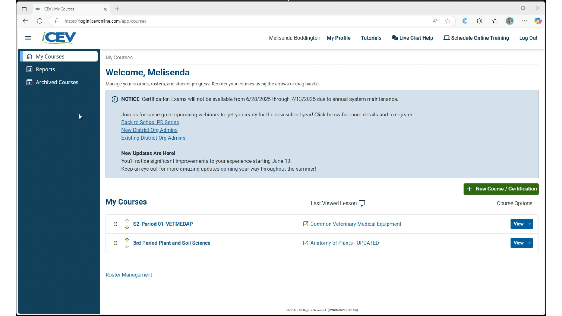 Your Courses Page