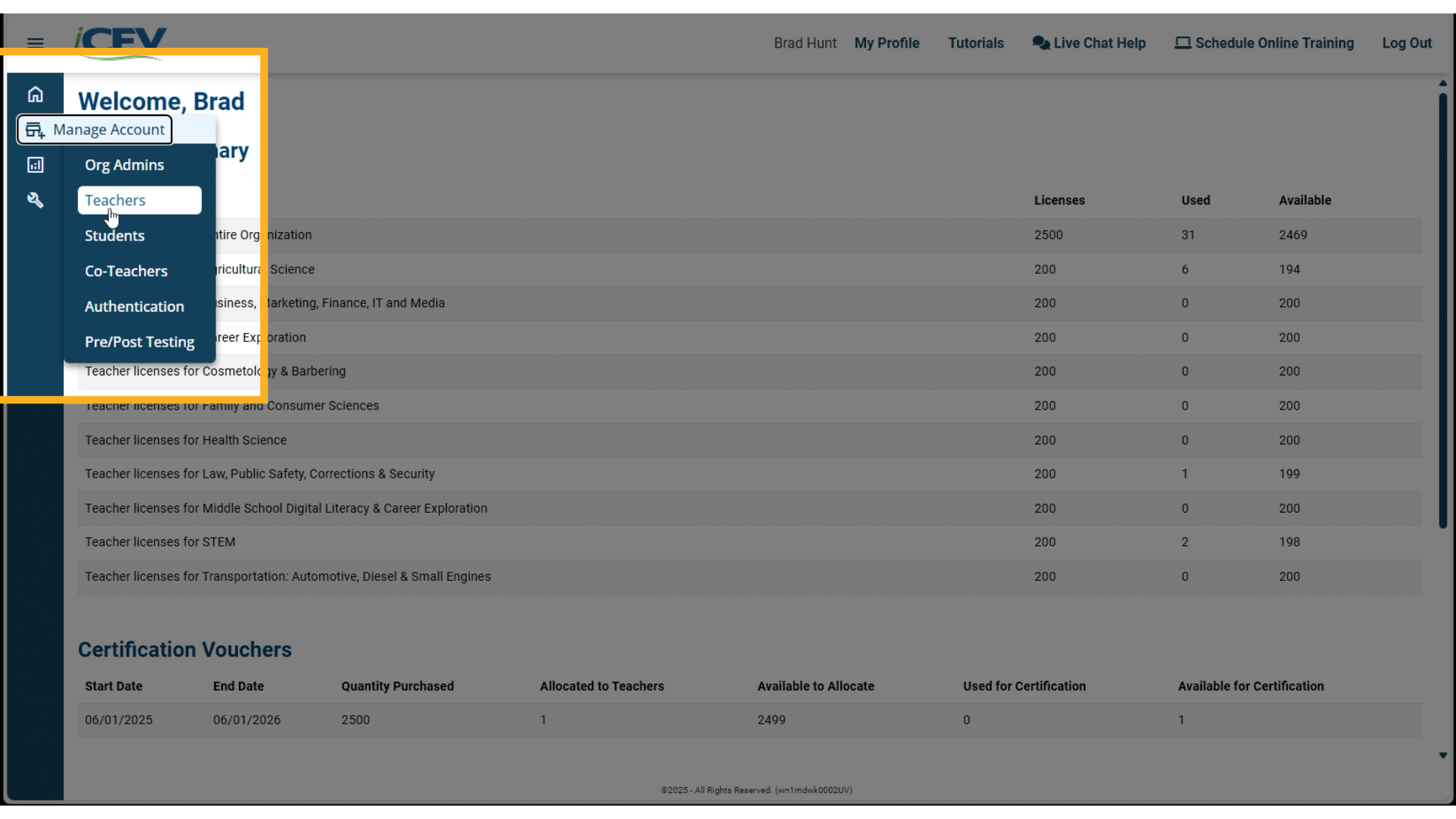 Go to Manage Account and Teachers