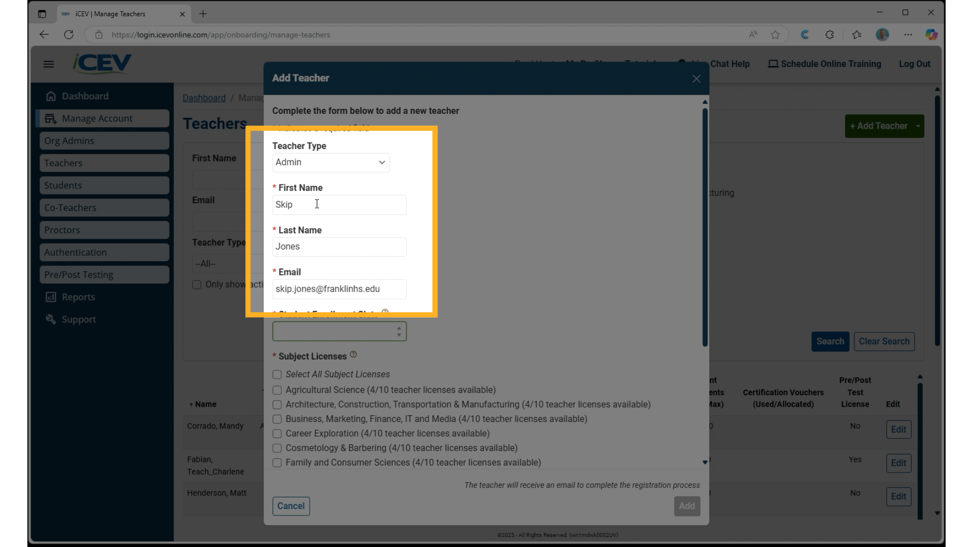 Entering Teacher Details