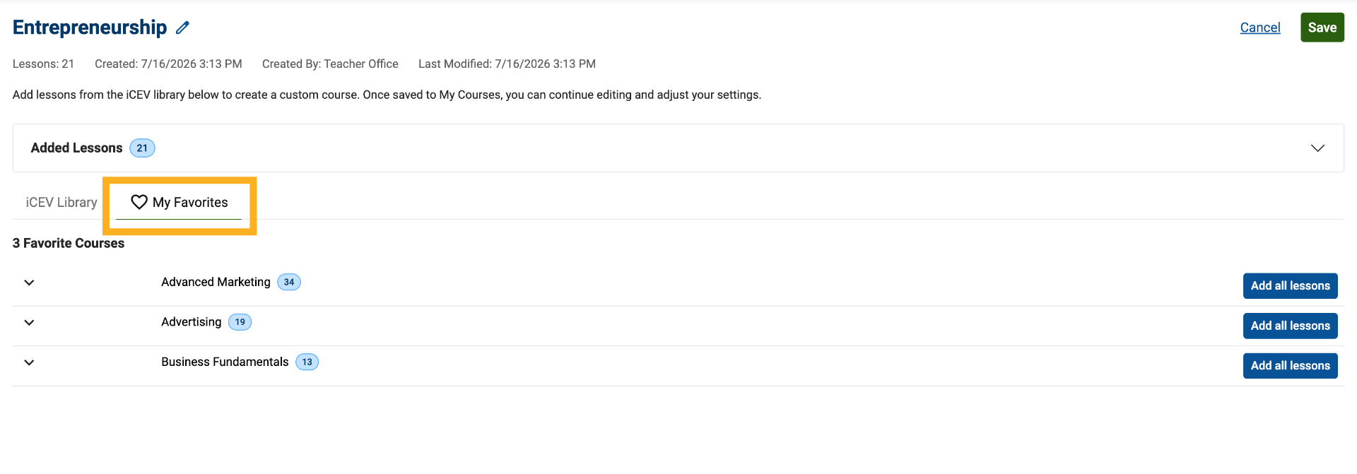 Add Lessons from Favorite Courses