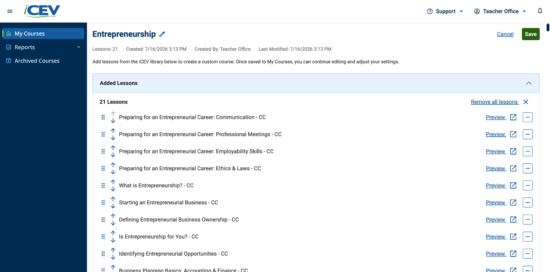 Review the Course Customization Page