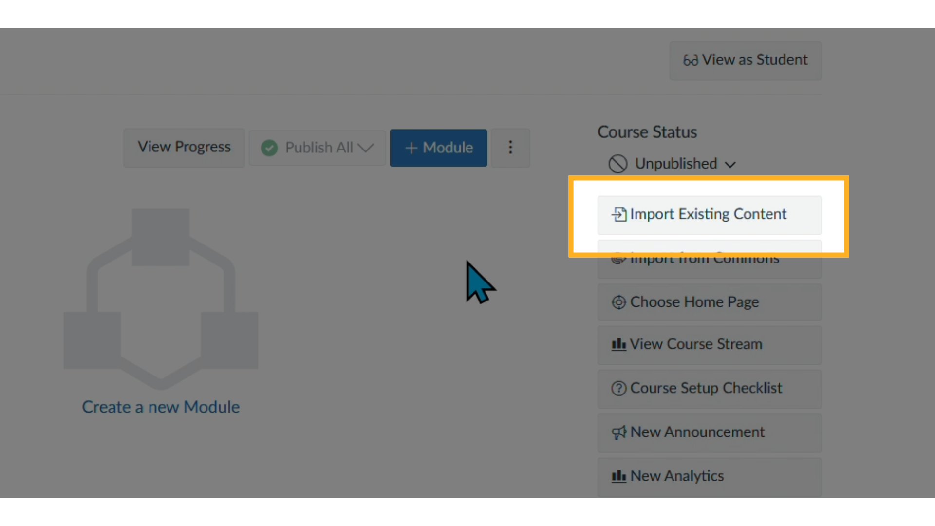 Select Import Existing Content from the right-hand menu.